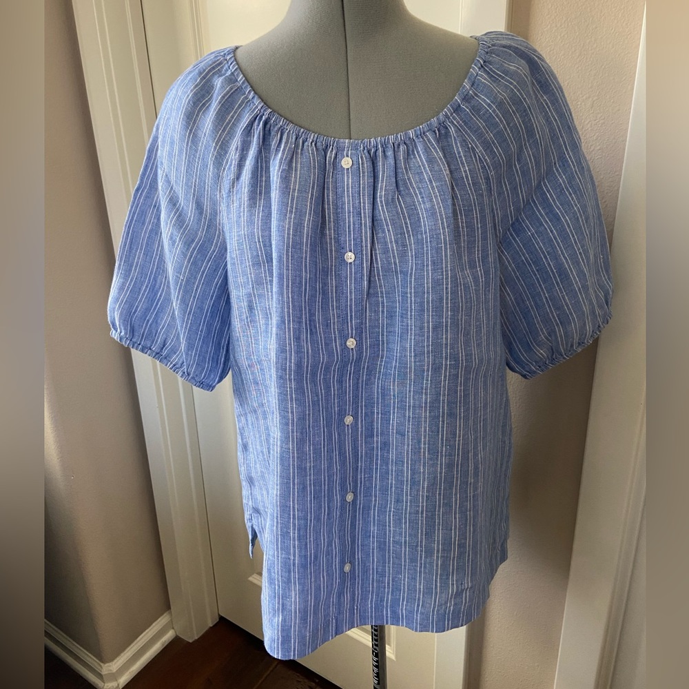 Talbots Linen Short Sleeve Top, Blue & White, Size M